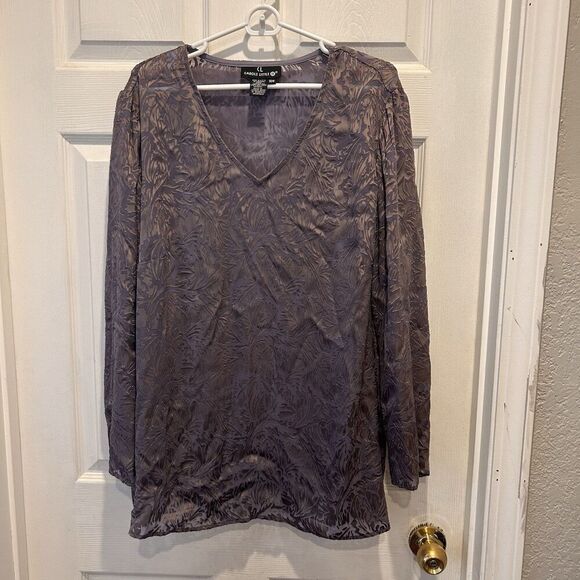Carole Little Purple Gray Leaf Pattern Silk Blend V-Neck Blouse Top 18W USA - Picture 1 of 7